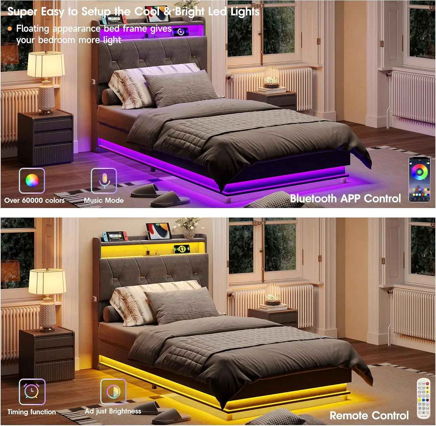 Twin Size Lift Up Storage Bed Frame, Storage Headboard with Charging Station, LED Lights Upholstered Platform Bed