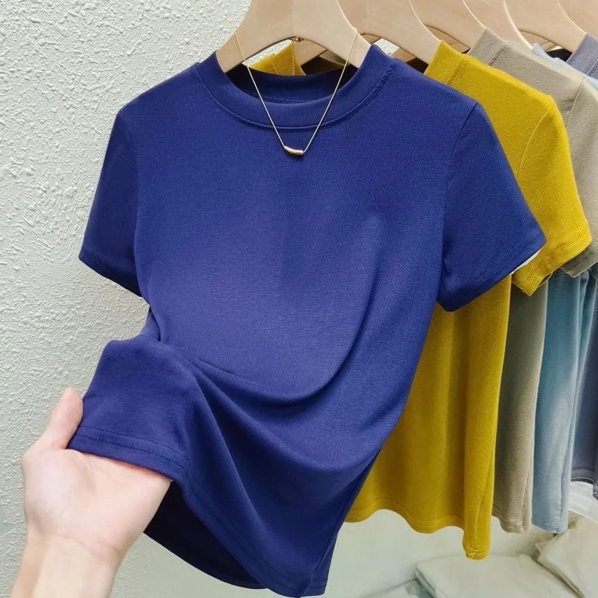 クルーネックファッション女性 Tシャツストリートカジュアル Tシャツ固体プラスサイズトップ Tシャツセクシーなスリム夏半袖婦人服