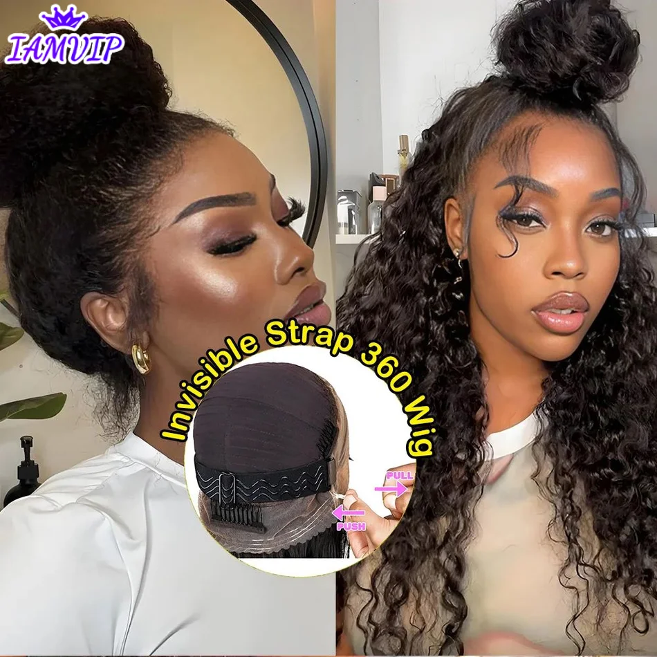 250% 36-30 inch 360 Full Lace Wig 100% Human Hair Drawstring Adjustable Hd Lace Invisi Strap Kinky Curly Deep Water Glueless Wig
