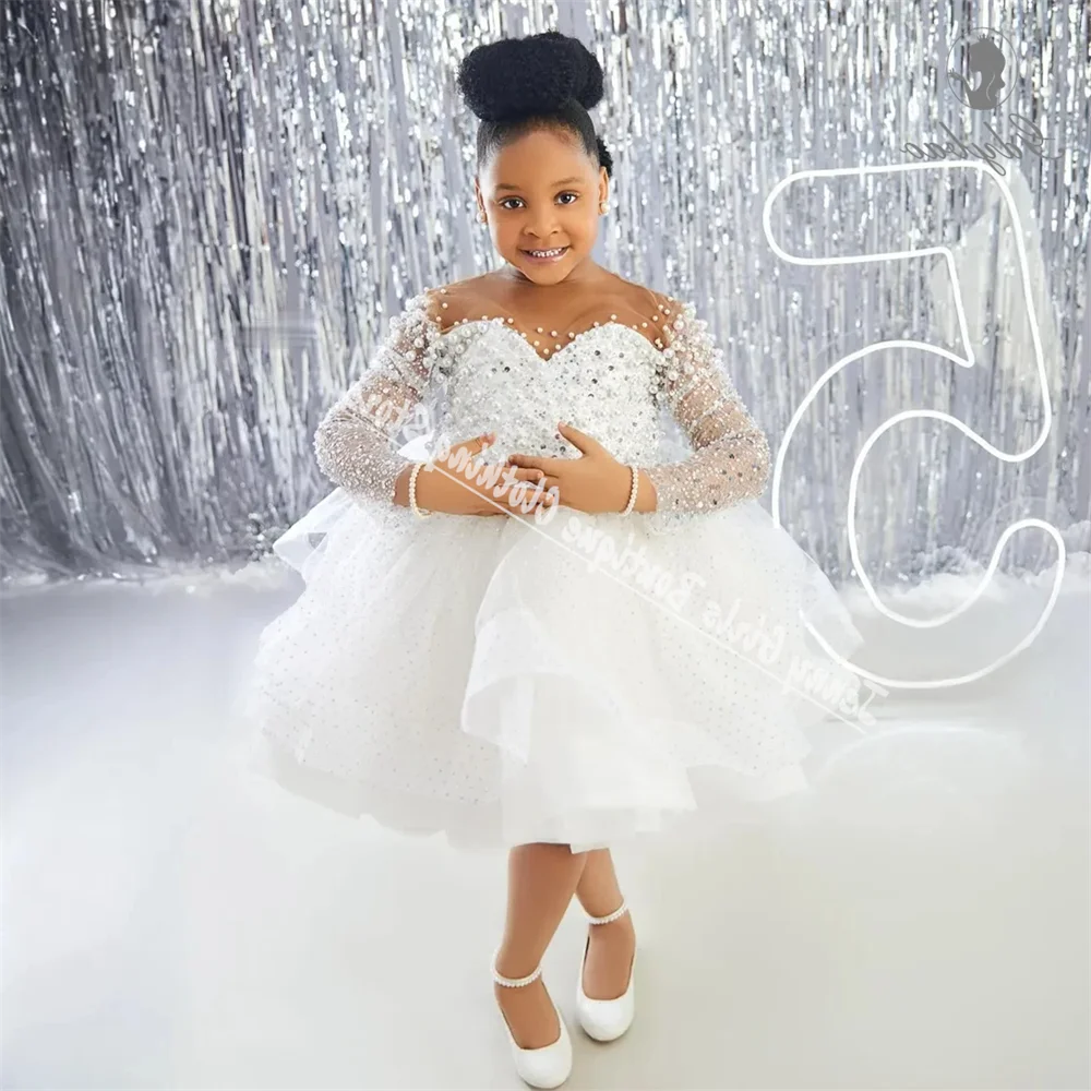 White Little Girls Pearl Flower Girl Dresses for Wedding Sheer Neck Sequined Lace First Communion Birthday Party Dresses