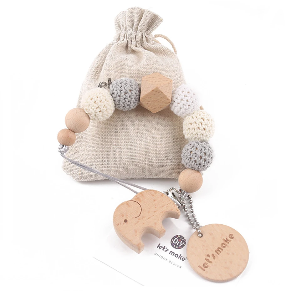 Cadena de chupete para bebé, Clip de madera de elefante, bolsa de cuentas de ganchillo geométricas, mordedor de madera, varilla pequeña, Clips para chupete, soporte para chupete de bebé