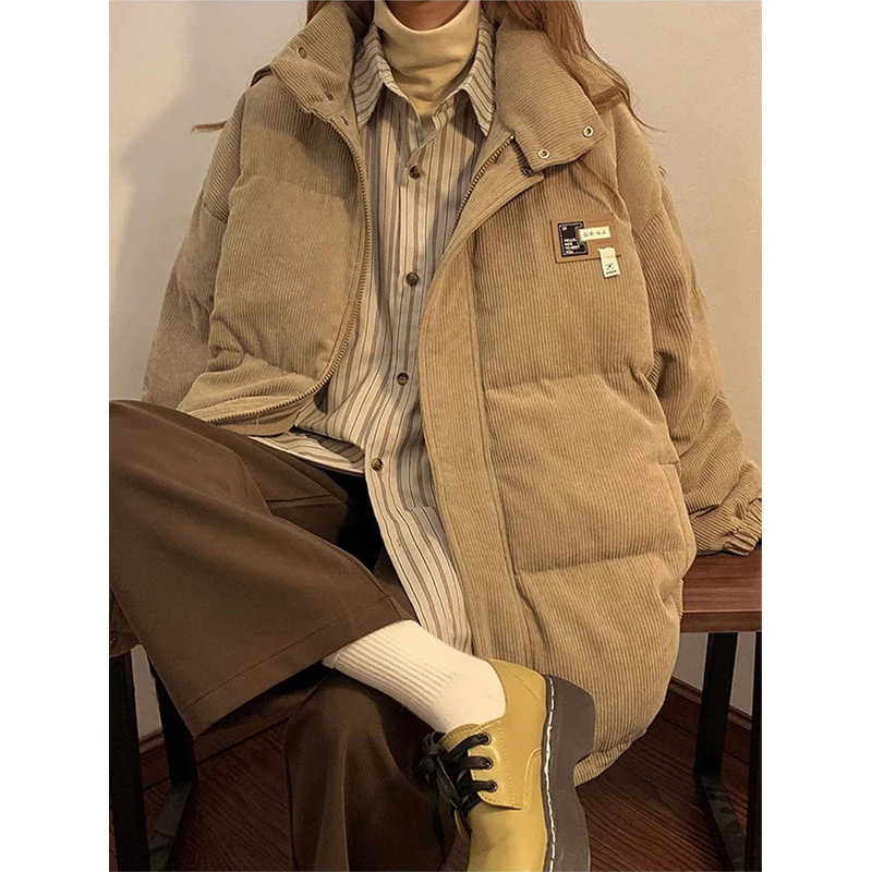 Parkas de veludo extragrande para mulheres, casacos, jaqueta grossa e quente, bolsos coreanos, casacos acolchoados de algodão, streetwear de inverno, novo