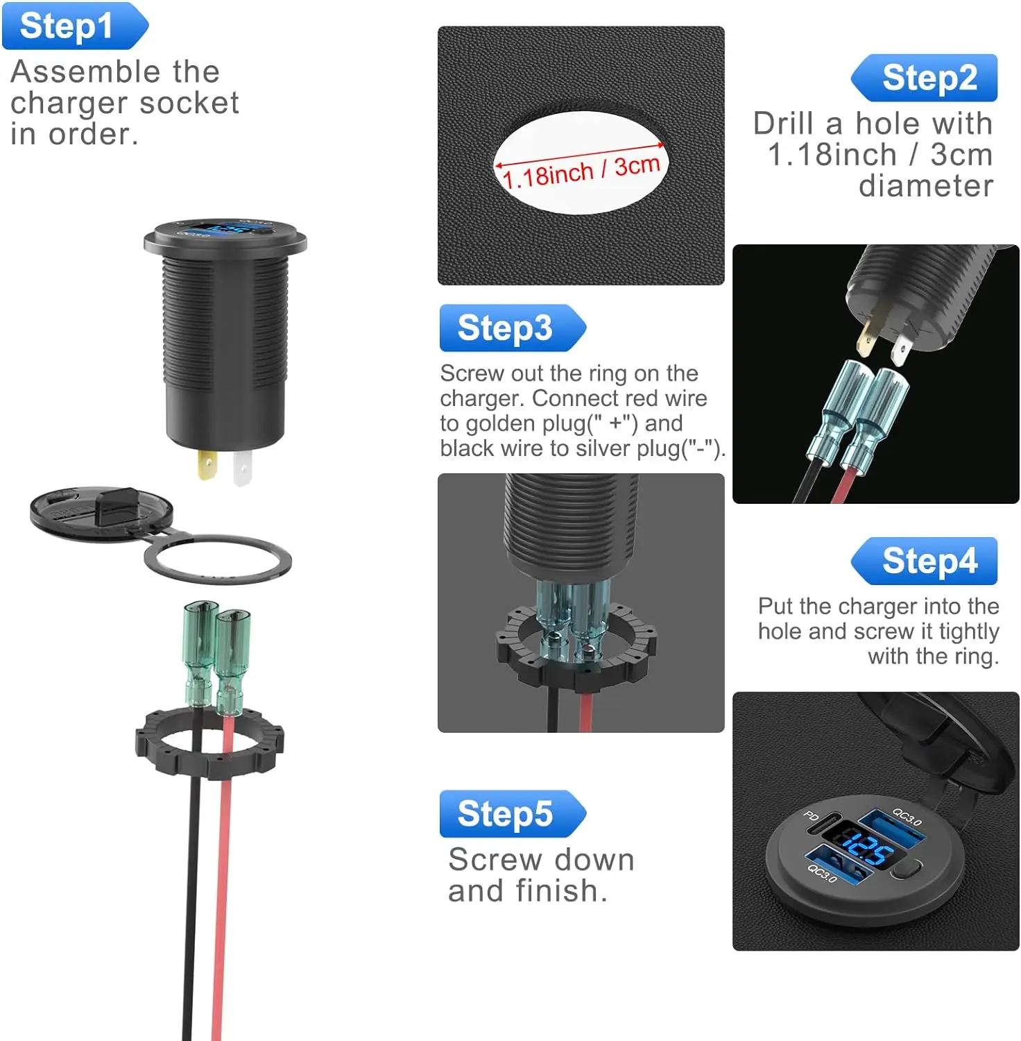 12V Usb Car Charger Power Socket QC3.0 and PD Port Fast Charging Charger Adapter with Switch for Car Motorcycle RV