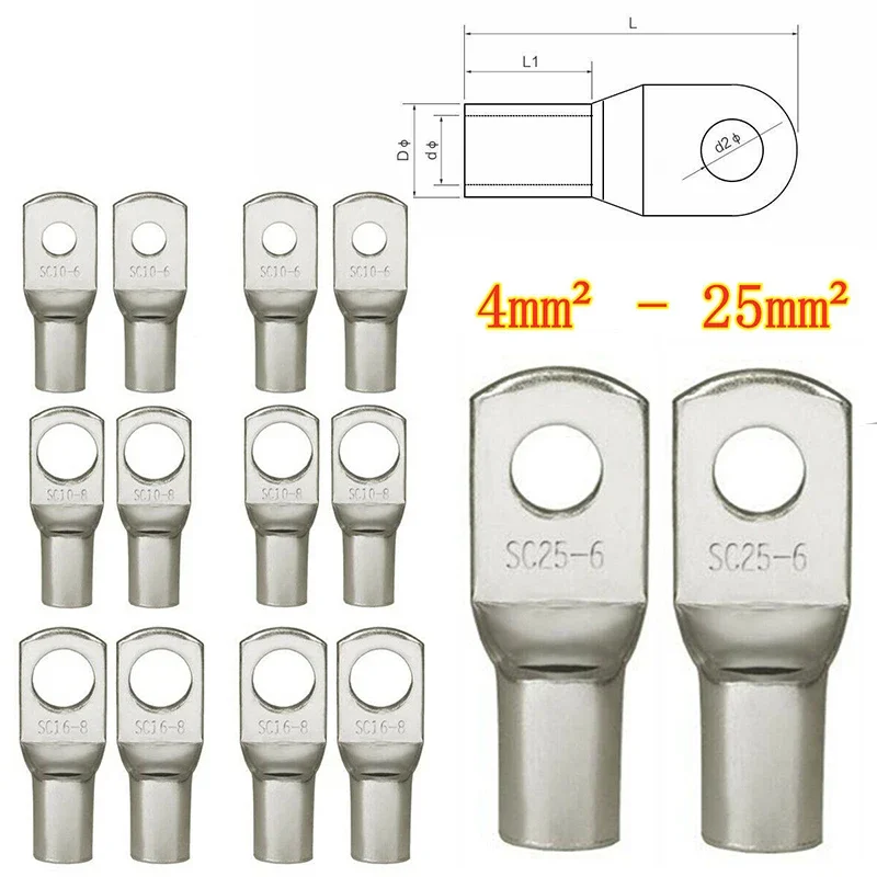 20 piezas surtido de terminales de cobre estañado de 4-25mm, terminales de engarzado de anillo, Kit de conectores de Cable de soldadura de Cable de batería