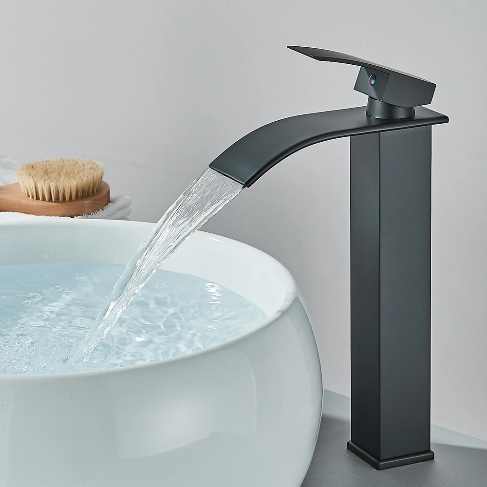 Quyanre Matte Schwarz Wasserfall Becken Wasserhahn Einzigen Griff Mixer Heißes Kaltes Wasser Becken Kran Wasserhahn Für Badezimmer Waschbecken Mischbatterie