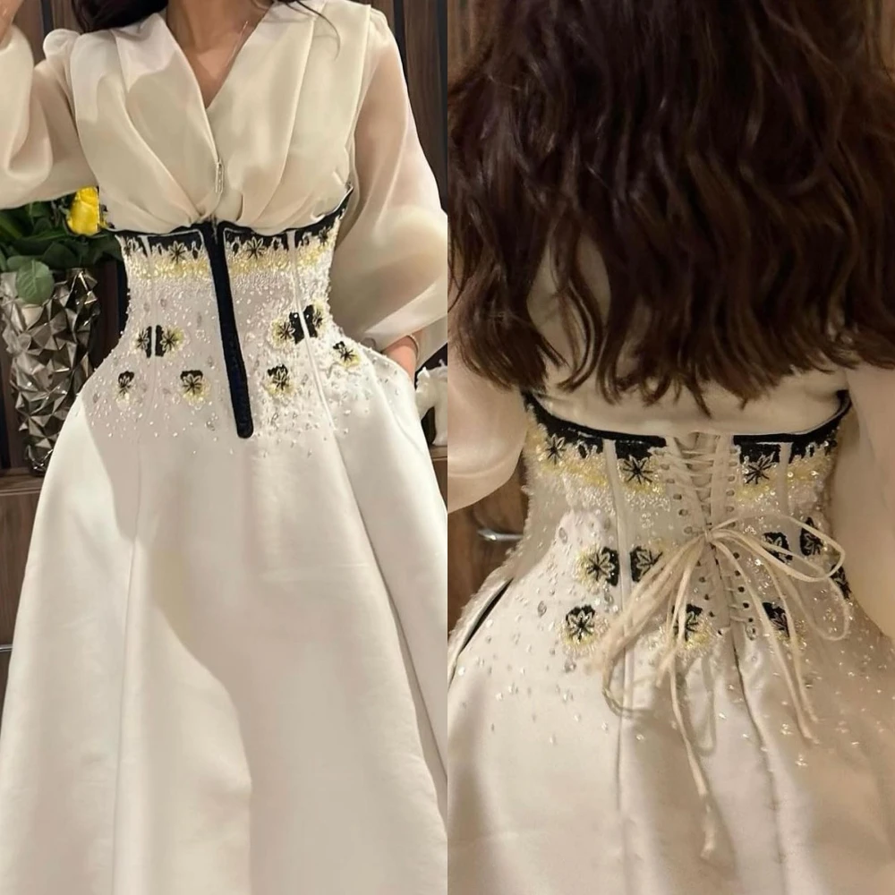 カスタマイズされたプロム絶妙な V ネック A ラインビーズスパンコールドレープ床長さのサテンオーダーメイドオケージョンドレスイブニング