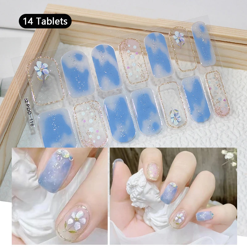 14Tips Baking-free Blue Sky Cloud kuku stiker warna Solid bunga di musim semi musim panas tahan lama kuku strip penuh stiker