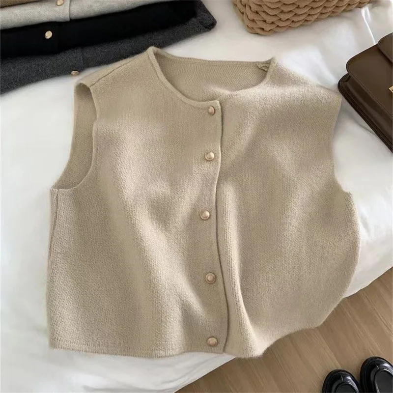 Cárdigan de punto con cuello redondo y botones dorados pequeños de una sola fila estilo entle para mujer, camisola sin mangas de estilo coreano