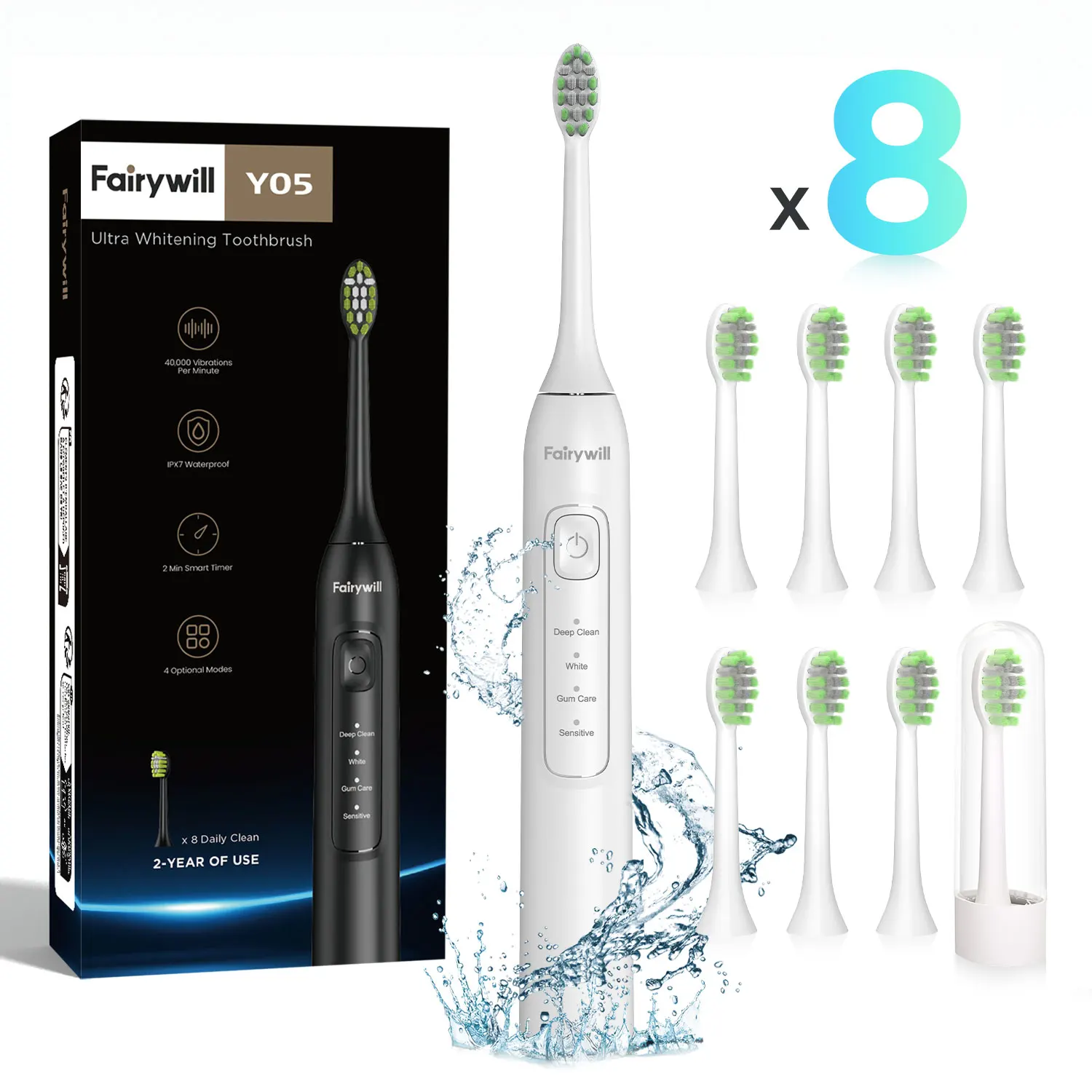 Fairywill elektrische Ultraschall-Zahnbürste, 42000 Hz/min Vibrationen, 8 wiederaufladbare Köpfe für Erwachsene, 4 Stunden volle Ladung für 100 Tage, S