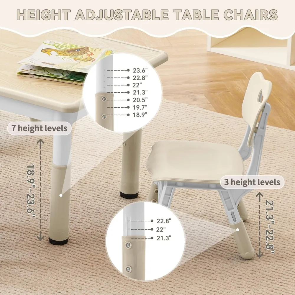 Kids Study Table and Chairs Set, Height Adjustable Toddler Table and Chair Set for Kids Ages 3-8, Graffiti Desktop (Burlywood