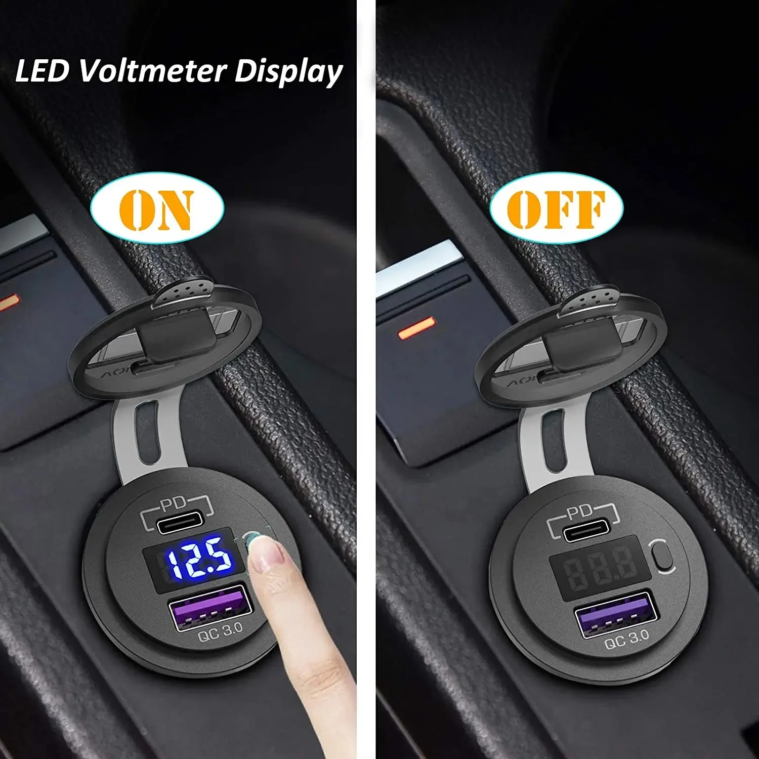 USB C Autolader Socket 12V/24V Dual USB Socket PD3.0 en QC3.0 Auto USB-poort met LED-voltmeter en aan/uit-schakelaar