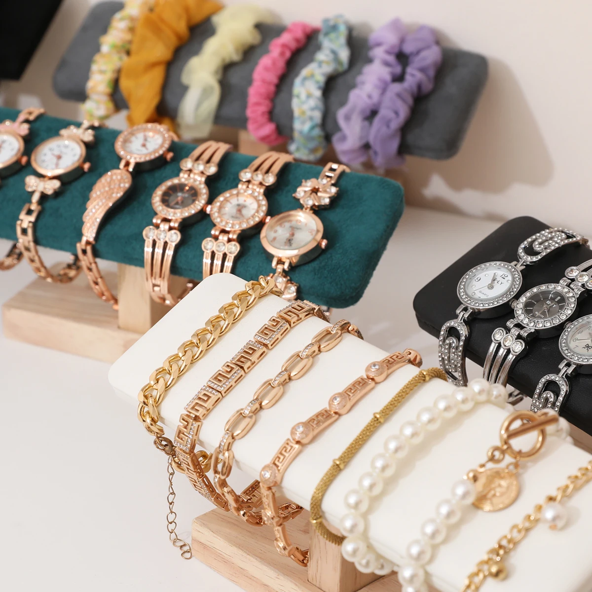 1pc Holz Basis T-Förmigen PU Leder/Samt Armband Display Rack Armreif Uhr Haarband Schmuck Lagerung Ständer halter Organizer