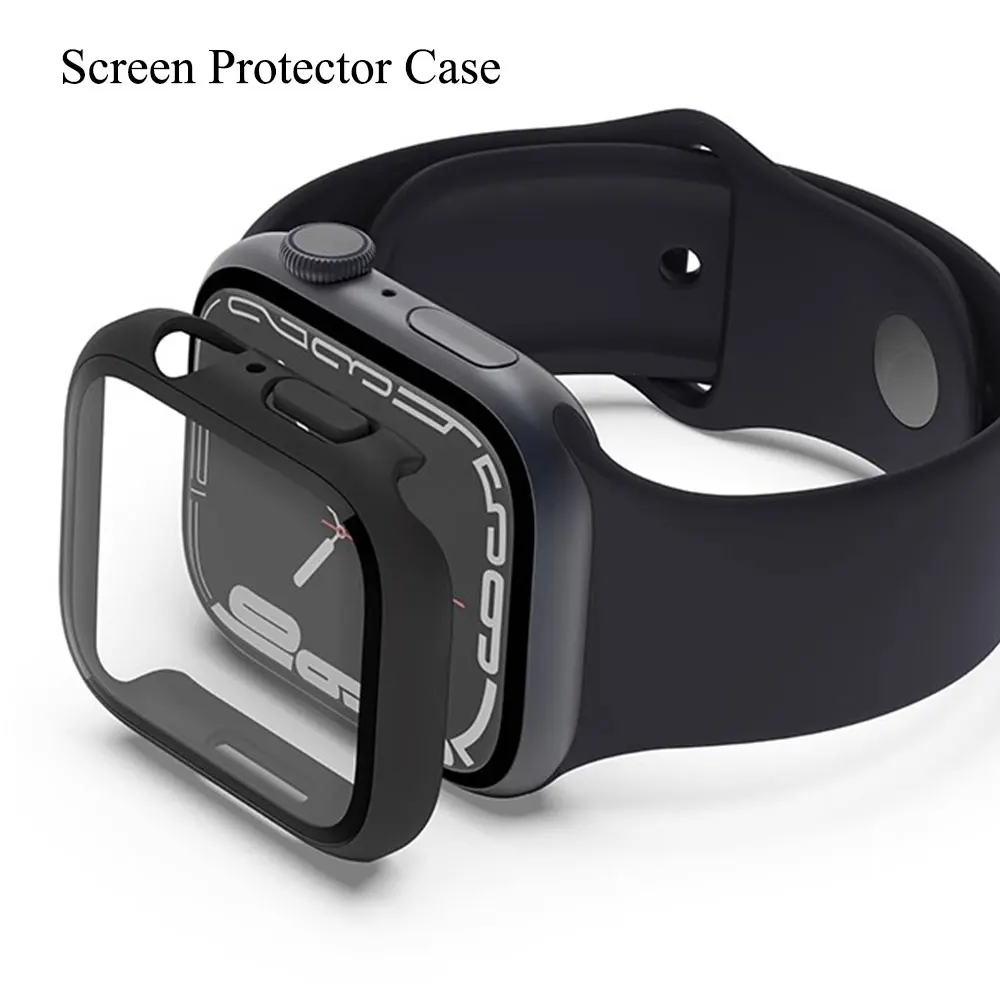 กระจกนิรภัย + ฝาครอบสําหรับ Apple Watch 9 8 41 มม.45 มม.42 มม.38 มม.PC กันชนป้องกันหน้าจอกรณี iWatch Series 7 6 5 4 SE 44 มม.40 มม.