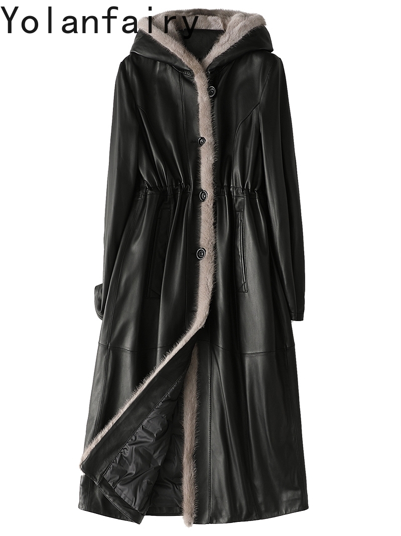 YOLANFAIRY 100% véritable peau de mouton en cuir véritable veste femmes à capuche hiver longues doudoune col de fourrure de vison noir manteaux bouffants
