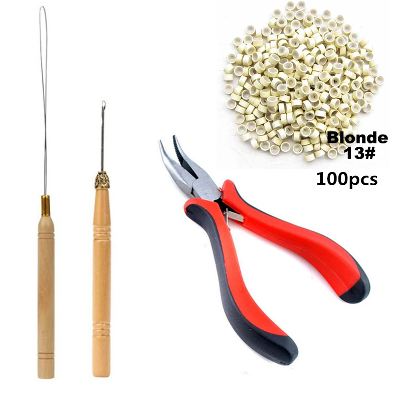 I-Tip Haarverlängerungs-Werkzeug-Set mit Zange, Zughaken, Perlengerät, 100 Stück, 5 mm, Mikroglieder, Ringe, Perlen, Haarverlängerungszubehör