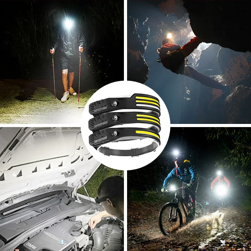 USB wiederaufladbare Stirnlampe, Induktionsscheinwerfer, COB-LED-Sensor, Stirnlampe, eingebauter Akku, Taschenlampe, 5 Beleuchtungsmodi, Scheinwerfer