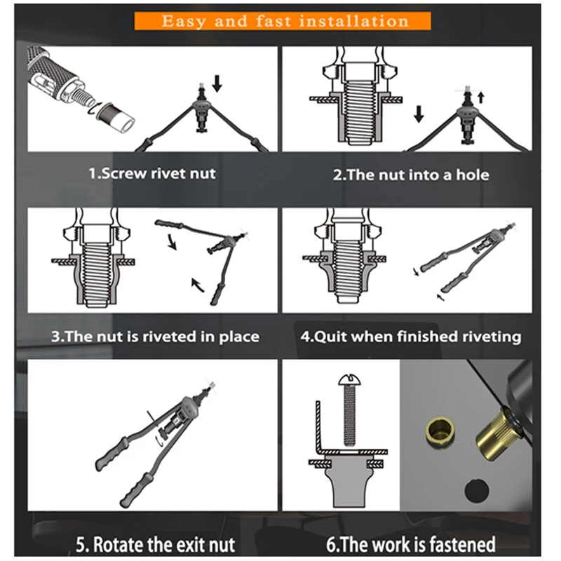 Hand Threaded Rivet Nut Gun BT-606 Manual Riveter Tool Double Handle M3 M4 M5 M6 M8 200pcs Flat Head Thread Rivet Nuts