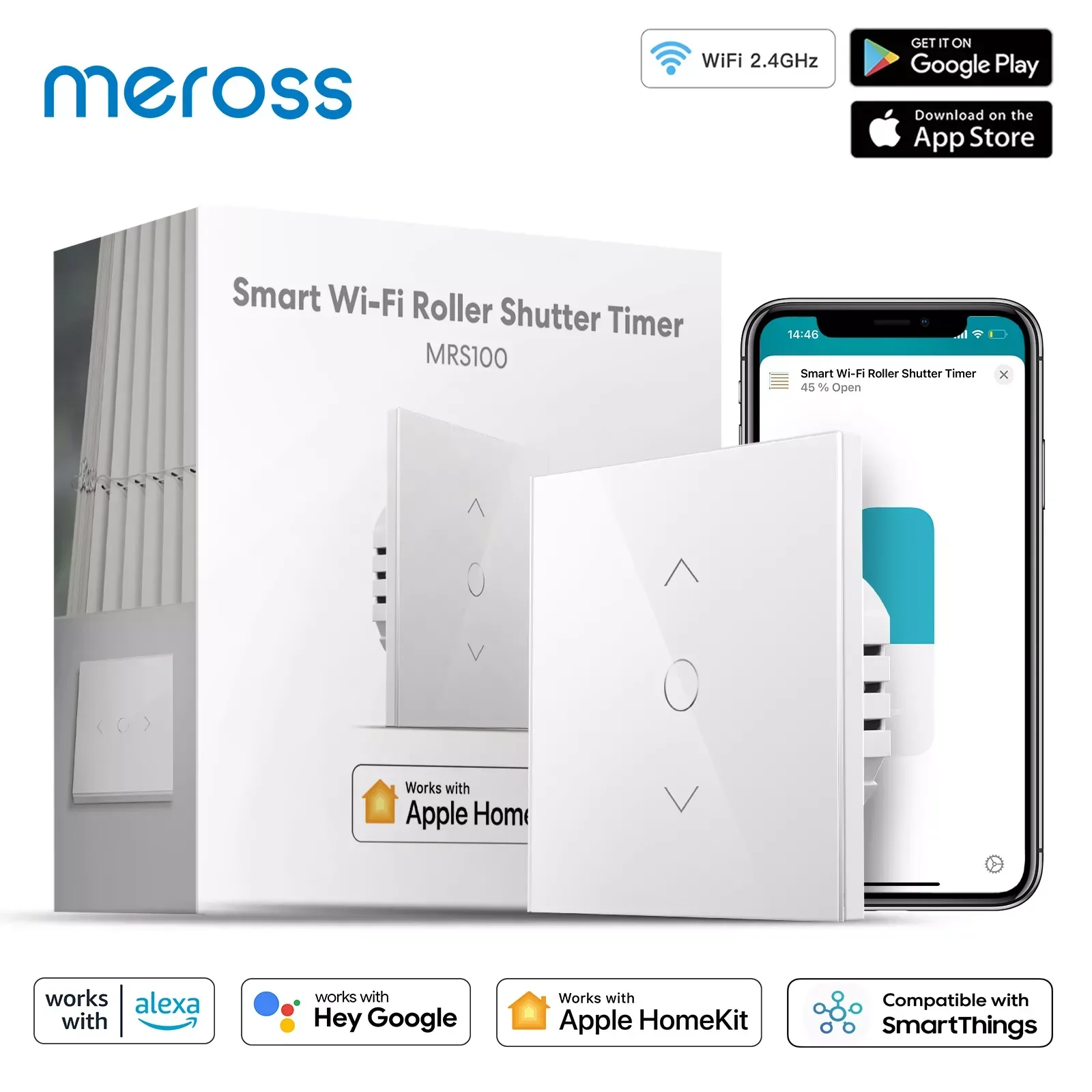 Meross HomeKit-temporizador de persiana enrollable inteligente, Wi-Fi, Motor eléctrico, interruptor para persiana de cortina, versión UE/Reino Unido, compatible con asistente de Google Alexa