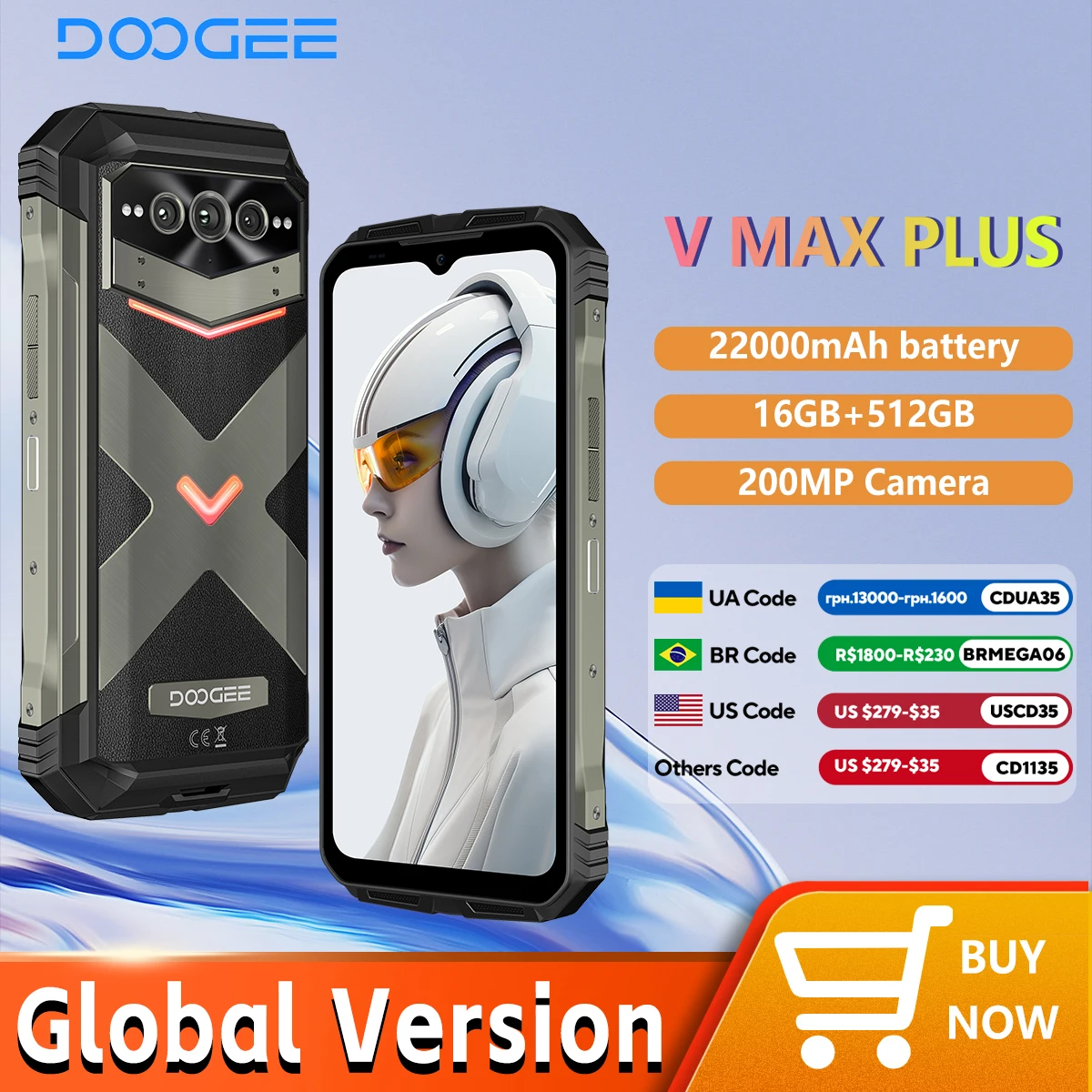DOOGEE V Max Plus Rugged Phone 22000mAh 36GB(16+20) 512GB 200MP Camera Phone 6.58" 120Hz Dimensity 7050 Android14