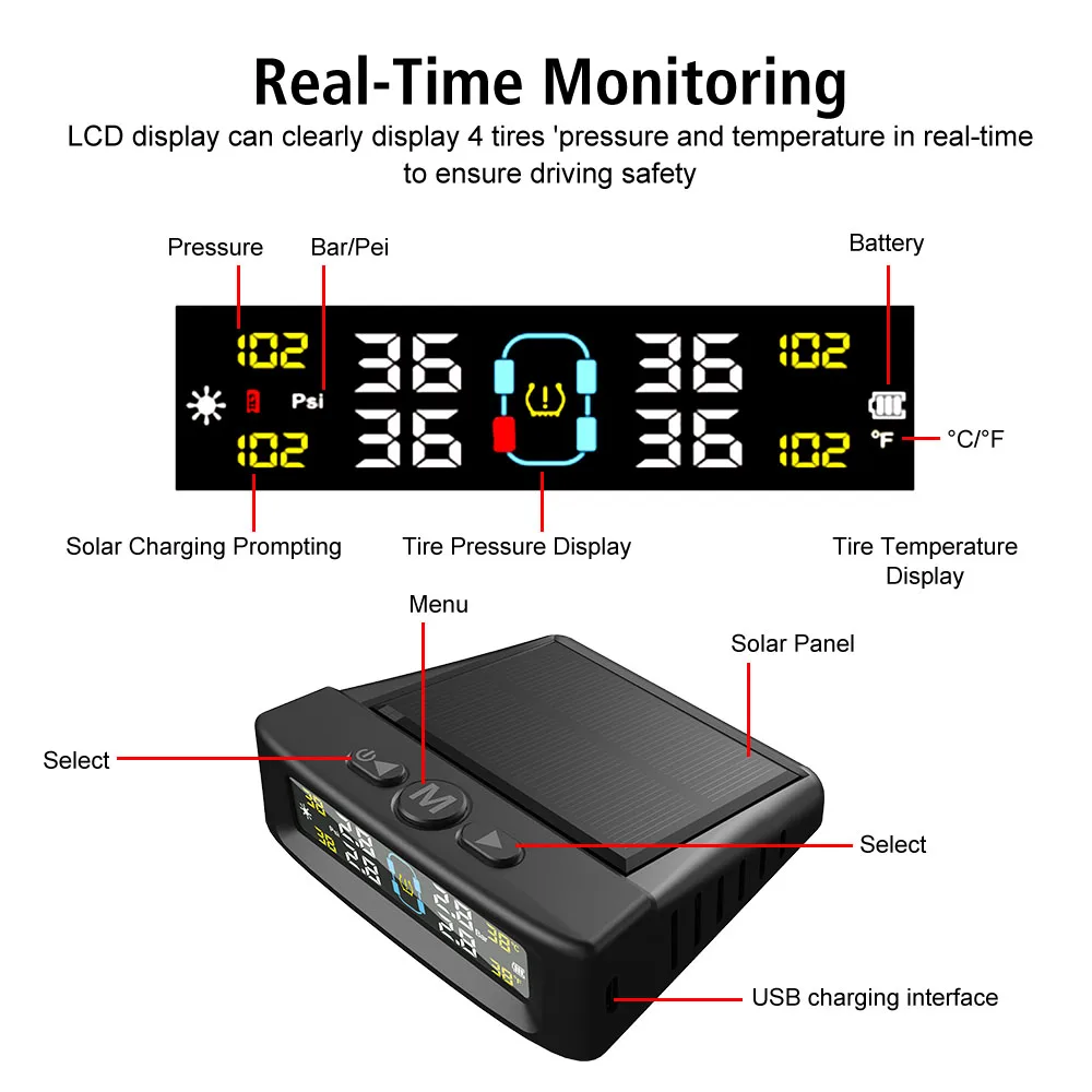 温度警告燃料節約タイヤ空気圧監視システムソーラー TPMS 4 外部センサー車のタイヤ空気圧モニター
