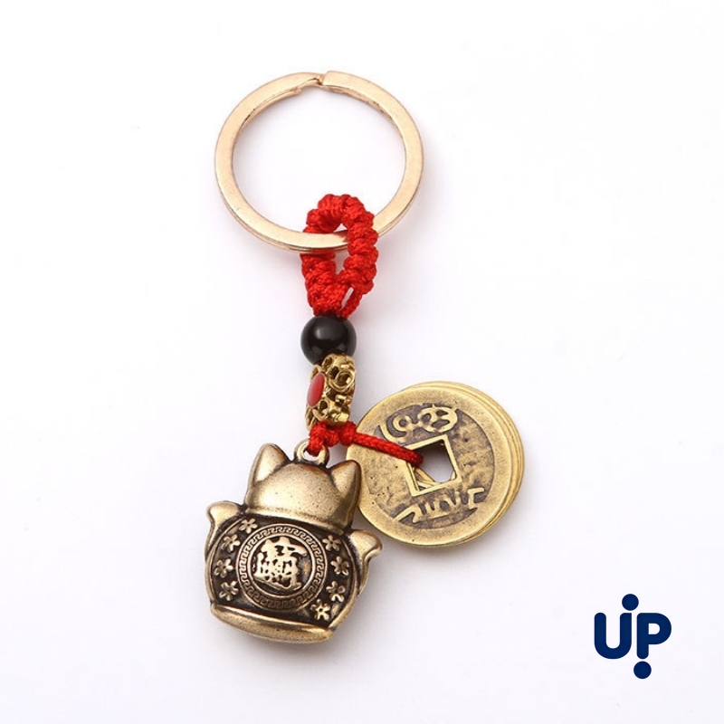 1Pc Vintage Pure Handmade Lucky Cat Car Keychain Lucky Cat Five Emperors Money Keychain Feng Shui Coins Solid Lucky Key Ring