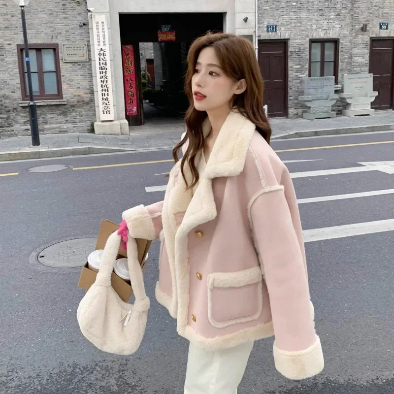 Parkas en laine d'agneau d'hiver pour femmes, vêtements double face, optique, manteau de sourire féminin, mode coréenne, style preppy mignon, veste à boutonnage simple
