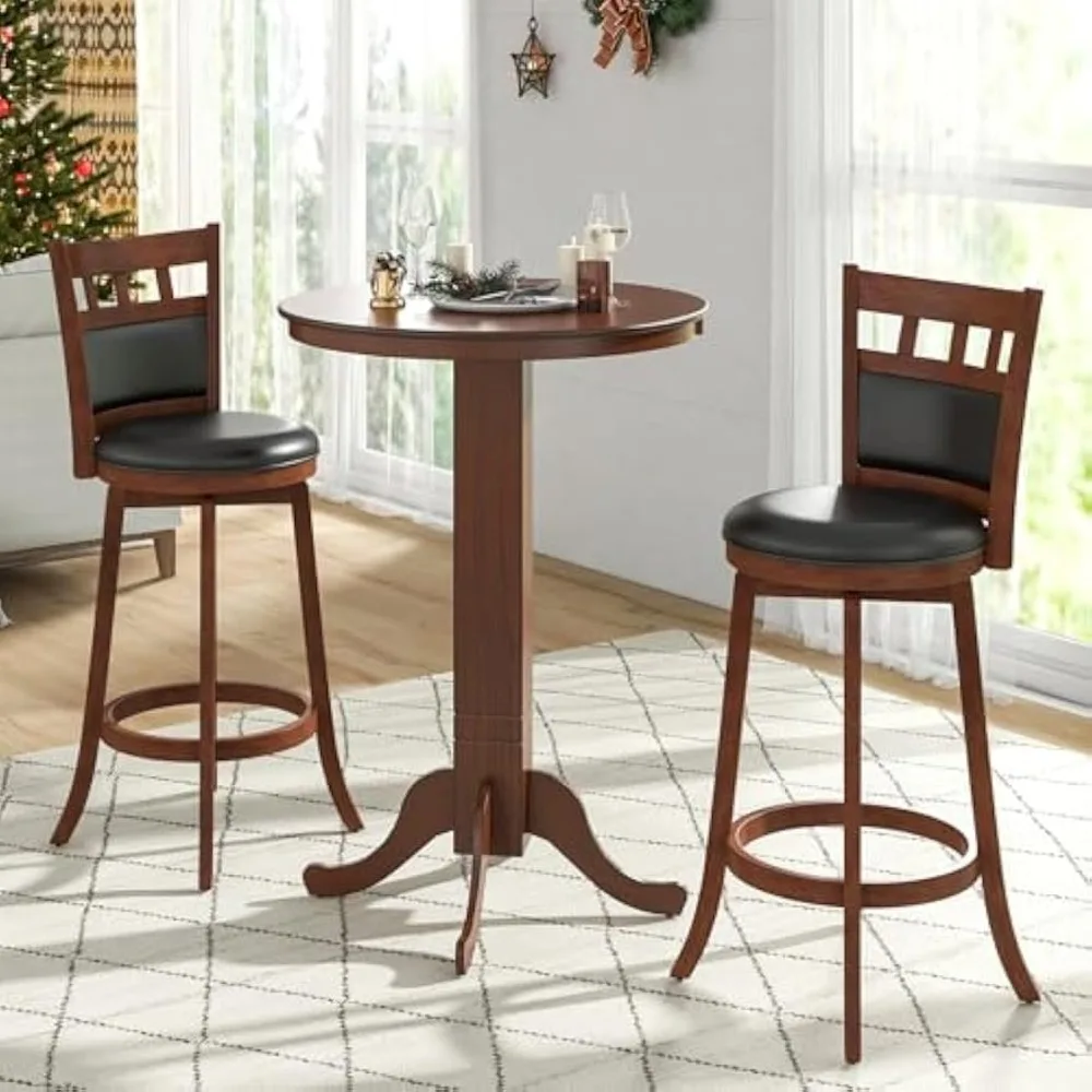 3 Piece Bar Table and Chairs Set, Round Counter Height Table, 2 Upholstered Swivel Bar Stools, Rubber Wood Frame, Farmhouse