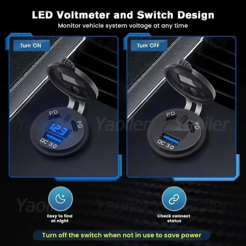 Kewig-enchufe USB de 12V, puerto de USB-C Dual PD de 108W, carga rápida 3,0, cargador USB para coche, toma de corriente impermeable con interruptor de voltímetro