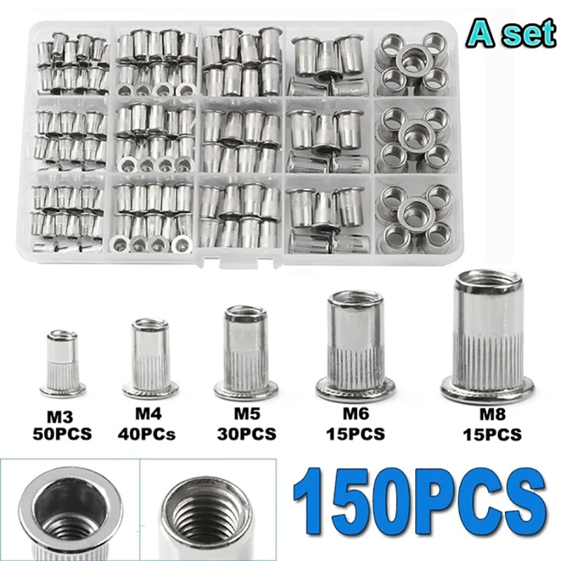 150 sztuk nitonakrętki szczypce zestaw trzpieni M3/M4/M5/M6/M8 nakrętka nit trzpienie Repairtool nitonakrętka śruba z łbem płaskim Pop nakrętka zestaw szczypiec do nitów