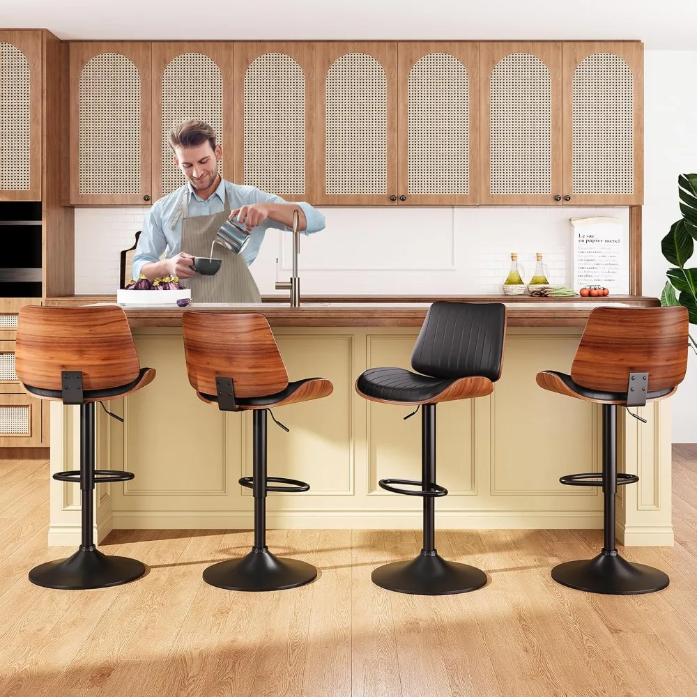 Bar Stools Set of 3, Modern Barstools with Bentwood Back and Leather Seat, Barstools for Kitchen Counter