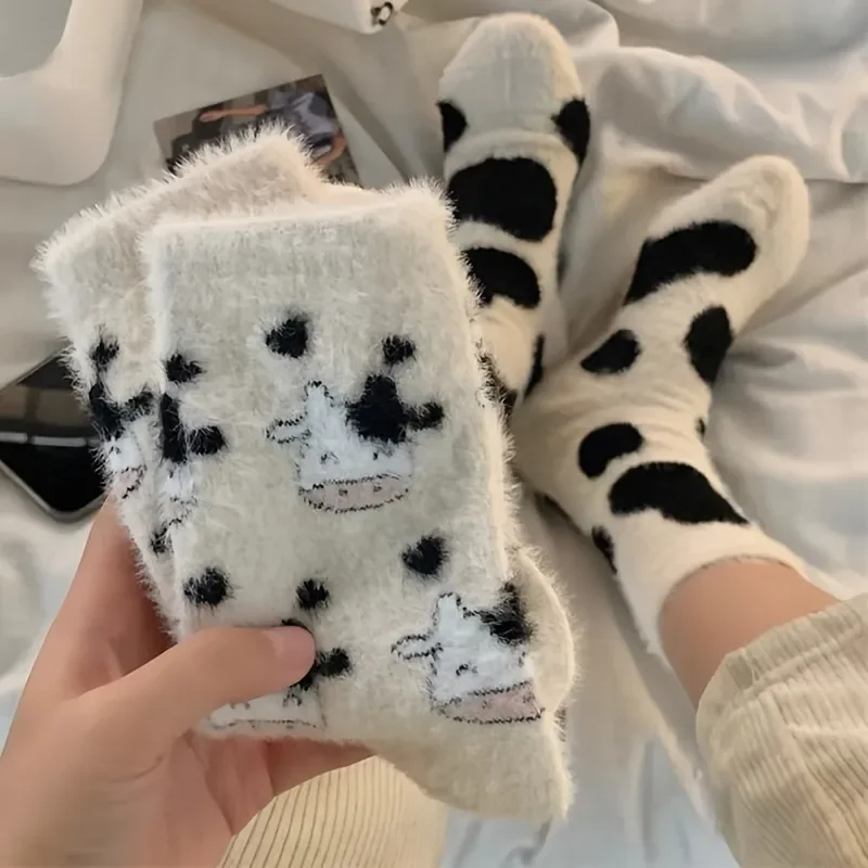 2 paia di calzini con stampa di macchie di mucca carine, calzini in pile corallo caldo e addensato, calze e calzetteria da donna