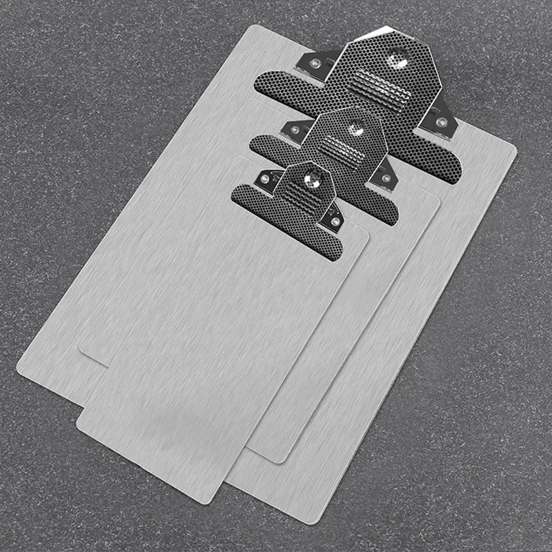 คลิปบอร์ดสแตนเลสแผ่นเขียนโฟลเดอร์กระดาษอุปกรณ์สํานักงานOrganizerคลิปบอร์ดกล่องเก็บเอกสารPadผู้ถือกระดาษ