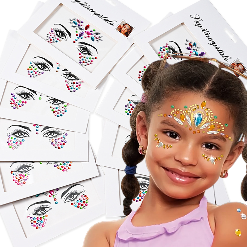 5 ピースダイヤモンドフェイスステッカー子供のための混合スタイルカラフルなグリッタークリスタルフェイスデカール 3D 自己粘着フェイスラインストーン小型サイズ