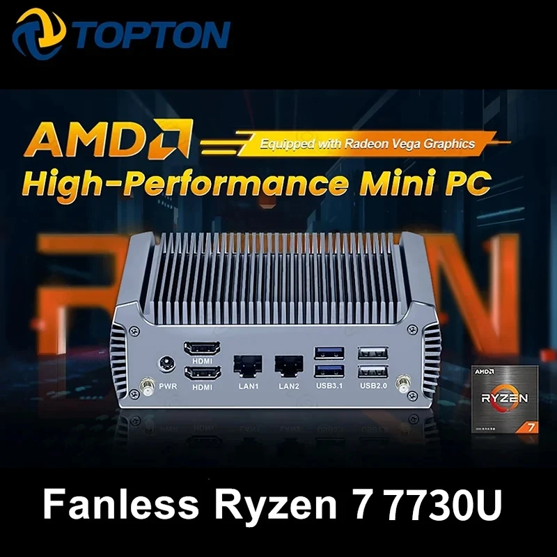 Topton Fanless AMD Mini PC Ryzen 7 7730U 5800U PC Gaming Computer Windows 11 Dual LAN Firewall Router 2*HDMI2.0 NVMe DDR4 WiFi6