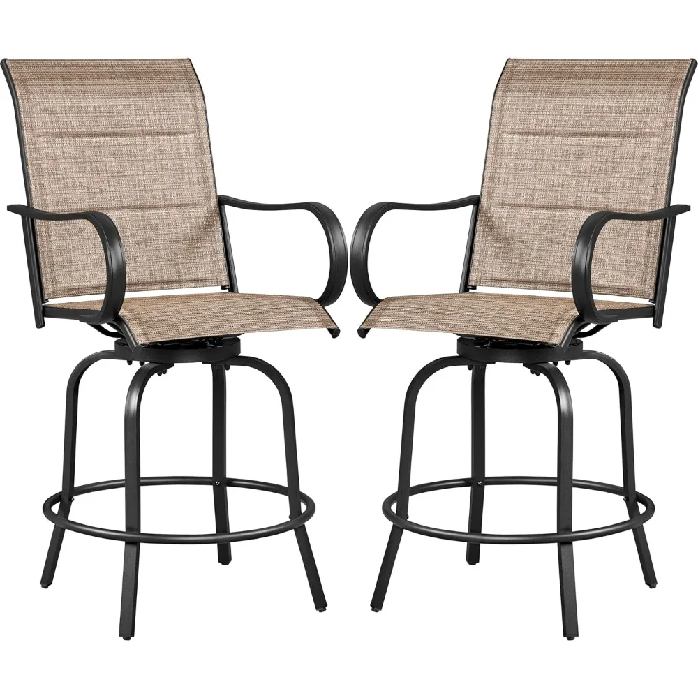 2 Piece Patio Swivel Bar Stools Texteline Bistro Chairs with High Back/Armrest/Footrest, All Weather Padded Seating Outdoor Fur