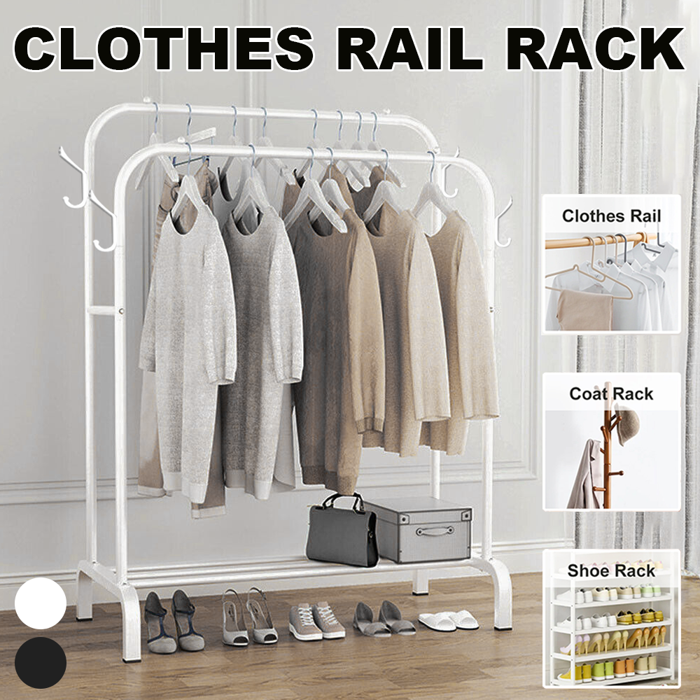 Double Rail Standing Clothes Rack Clothes Rail Shoes Rack Storage Shelf Wall Clothes Rack for Wardrobe Room Bedroom Living Room