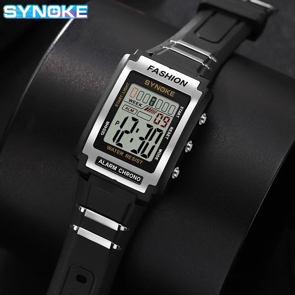 Synoke นาฬิกาสปอร์ตอิเล็กทรอนิกส์ทรงสี่เหลี่ยมสำหรับผู้ชายกันน้ำได้50ม. ไฟกลางคืนหน้าจอใหญ่นาฬิกาปลุกเทรนด์สไตล์ย้อนยุค