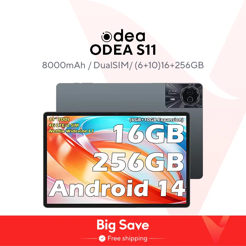 ODEA S11 tablet, 11 inch TDDI, Android 14, (6 + 10) 16GB RAM, 256GB ROM, 4G LTE, 8000mAh, 1920x1200, UNISOC T606, 8 core Mali-G5