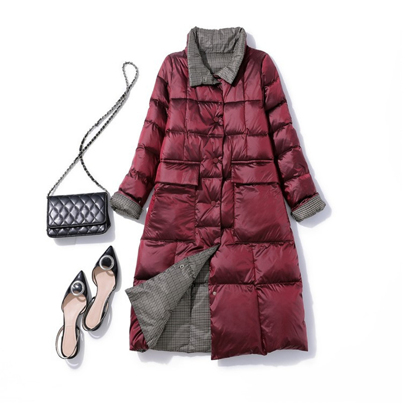 Vrouwen Omkeerbare Down Jas 2022 Herfst Winter Warm Dikker Witte Eend Donsjack Parka Dames Slanke Lange Plaid Puffer Outwears