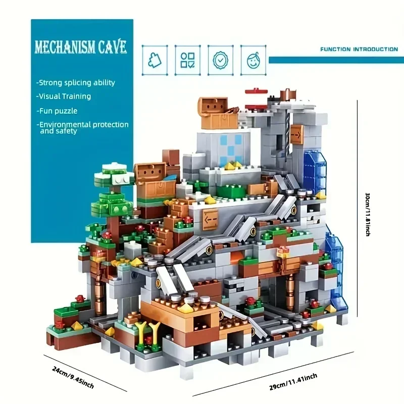 Brinquedos de bloco de construção de caverna de montanha MINISO, brinquedos de iluminação infantil, presentes de Natal