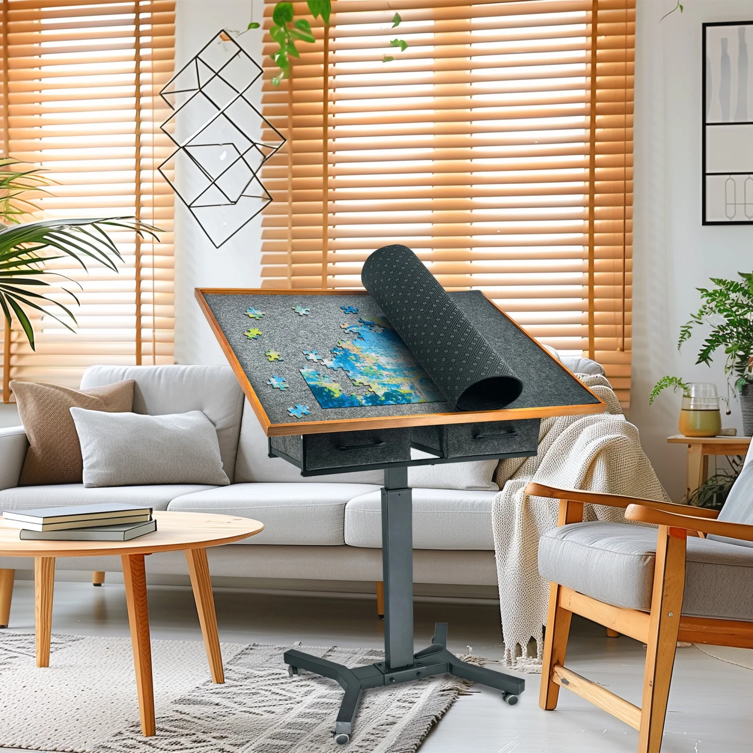 Rolling 1500 Pieces Jigsaw Puzzle Table with Drawers Angle & Height Adjustable for Adults Tilting Portable Puzzle Board Table