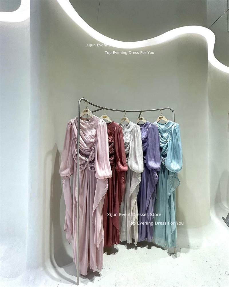 Xijun-Robe de Soirée en Satin à Col Rond et Manches sulf, Caftan Marocain à Plis, Dubaï, 2024