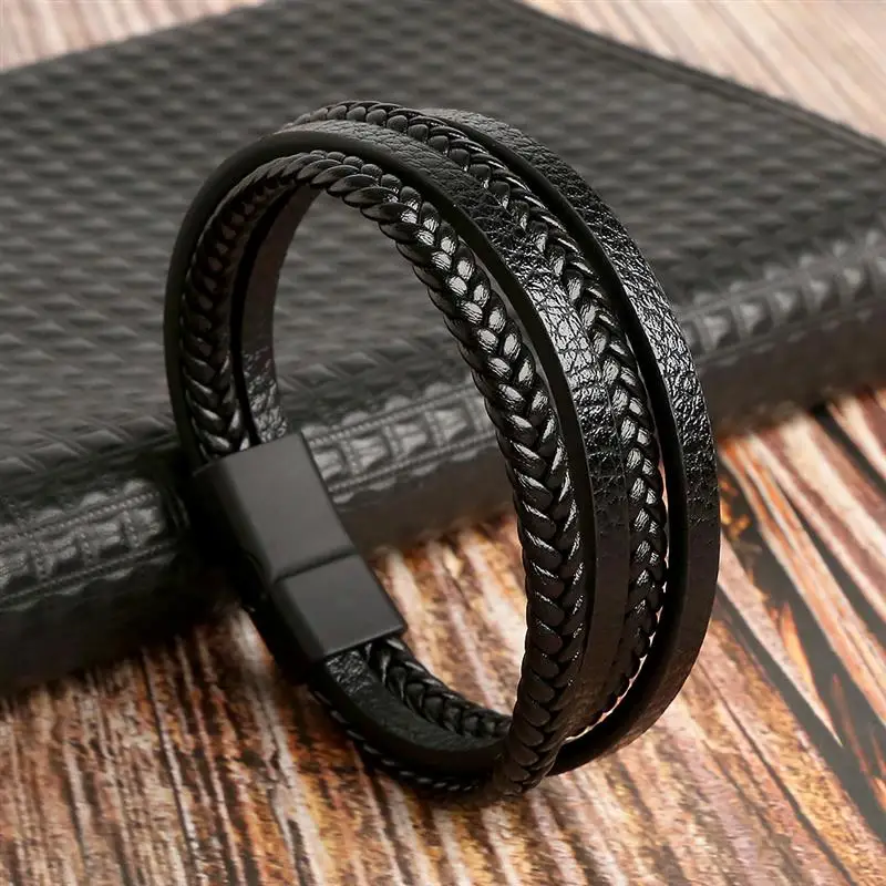 Gelang Kulit Pria Gaya Klasik Baru Baja Tahan Karat Gelang dan Gelang Multi-lapis Jahitan Tangan Grosir Perhiasan Pria Mode