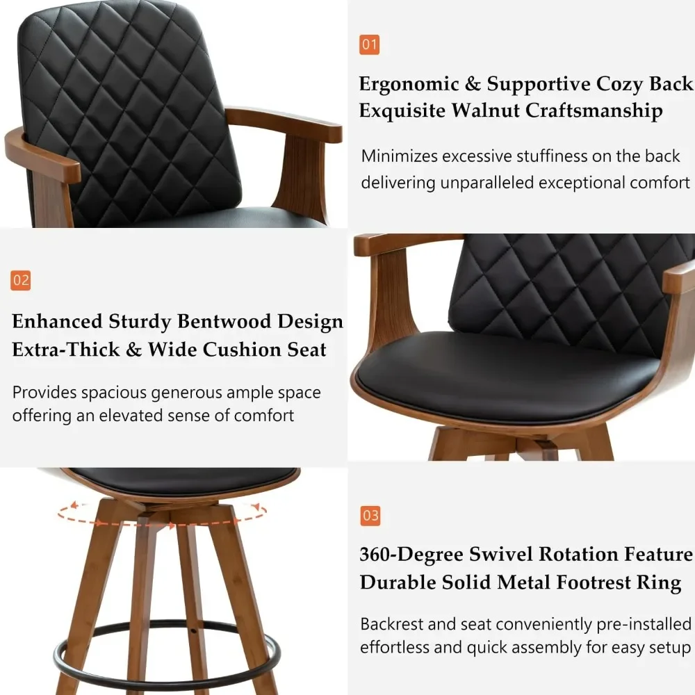 Set of 2 Bar Height Stools – 30" Swivel with Curved Back & Arms, Walnut Frame, Upholstered Seat for Kitchen or Bar Use