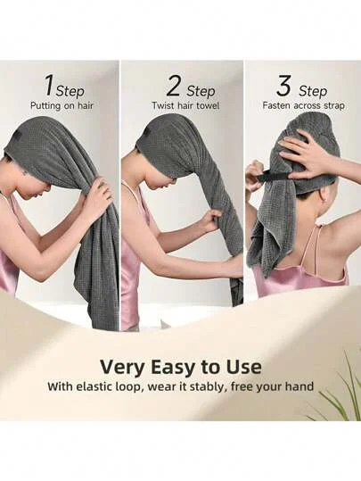 Toalha de cabelo de cor sólida Touca de cabelo seca texturizada 9,8 "X 25,5" envoltório de toalha de cabelo absorvente para mulheres com botões