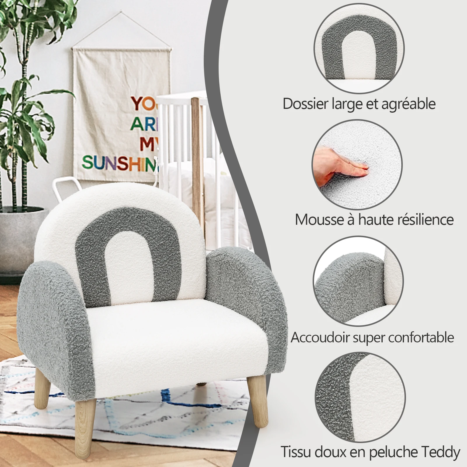 Fauteuil Enfant en Peluche avec Dossier & accoudoir Confortable, Canapé Chaise Enfant avec Joli Motif Arc-en-Ciel, Charge 50kg pour Garçon Fille de 3-5 Ans