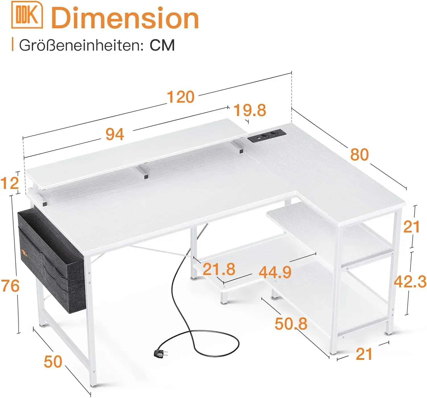 Tasse mit Puerto de carga USB und Tomat Colorado, Mesa computadora en forma l (120x80x88cm, blanco)