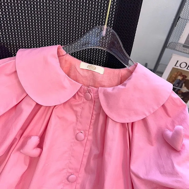 2-10 年の夏のかわいい女の子ドレスハートジュエリー装飾フリップ襟単列バックルデザインドレス女の子のための
