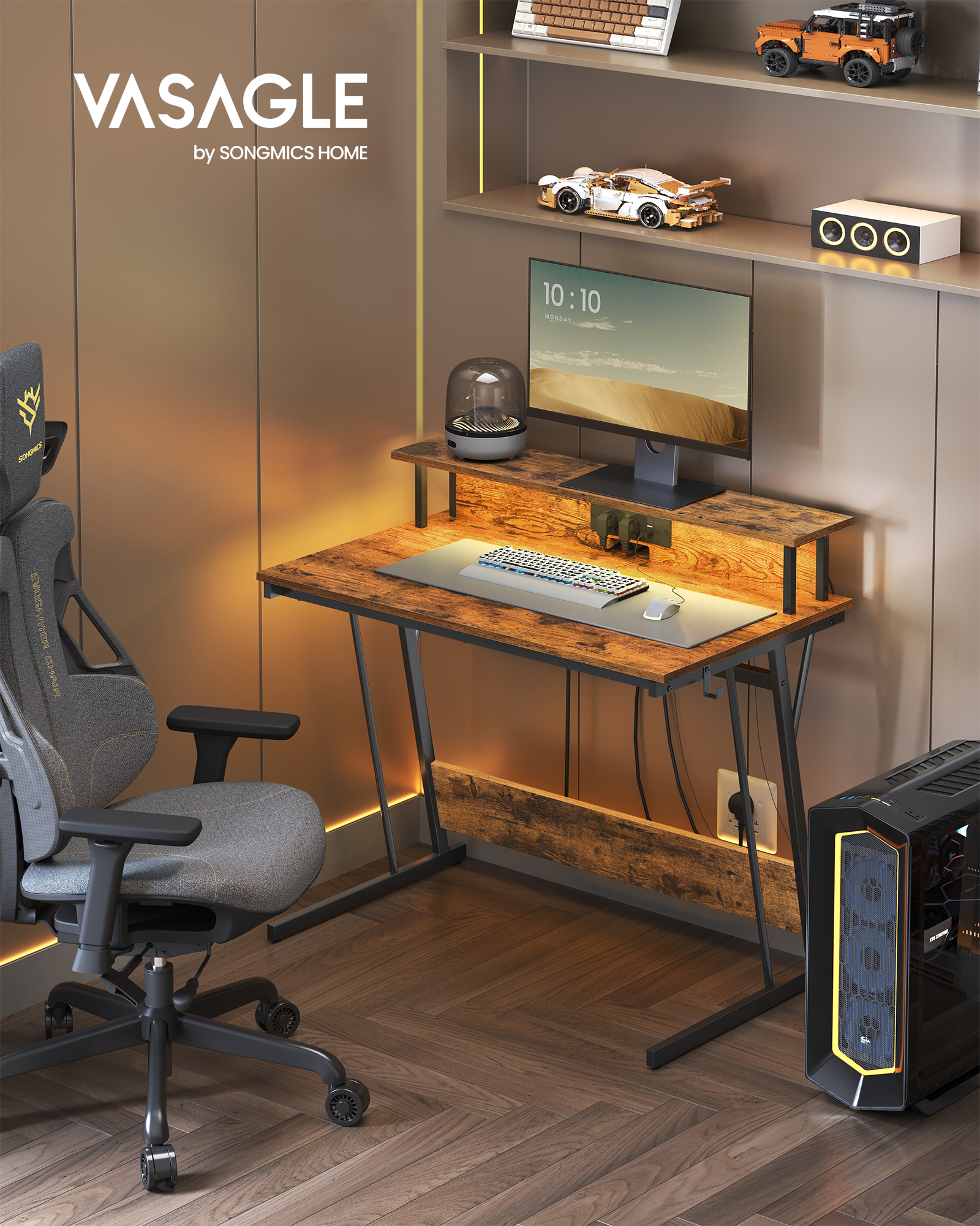 Gaming Desk with LED Lights and Built-In Power Outlets, Computer Desk with Monitor Shelf, 60 x 100 x 76 cm