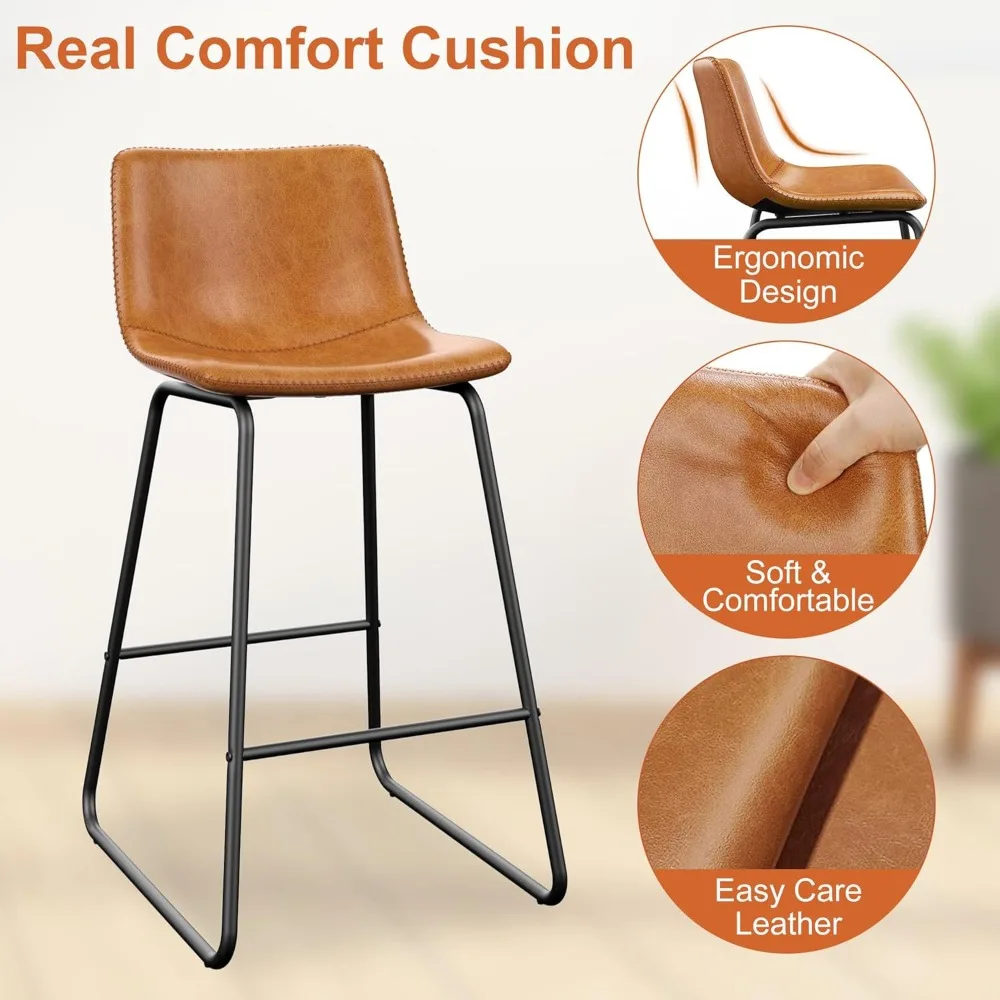 Bar Stools Set of 2, PU Leather Counter Height Bar Stools, 26" Modern Barstools with Metal Legs and Footrest, Urban Armless